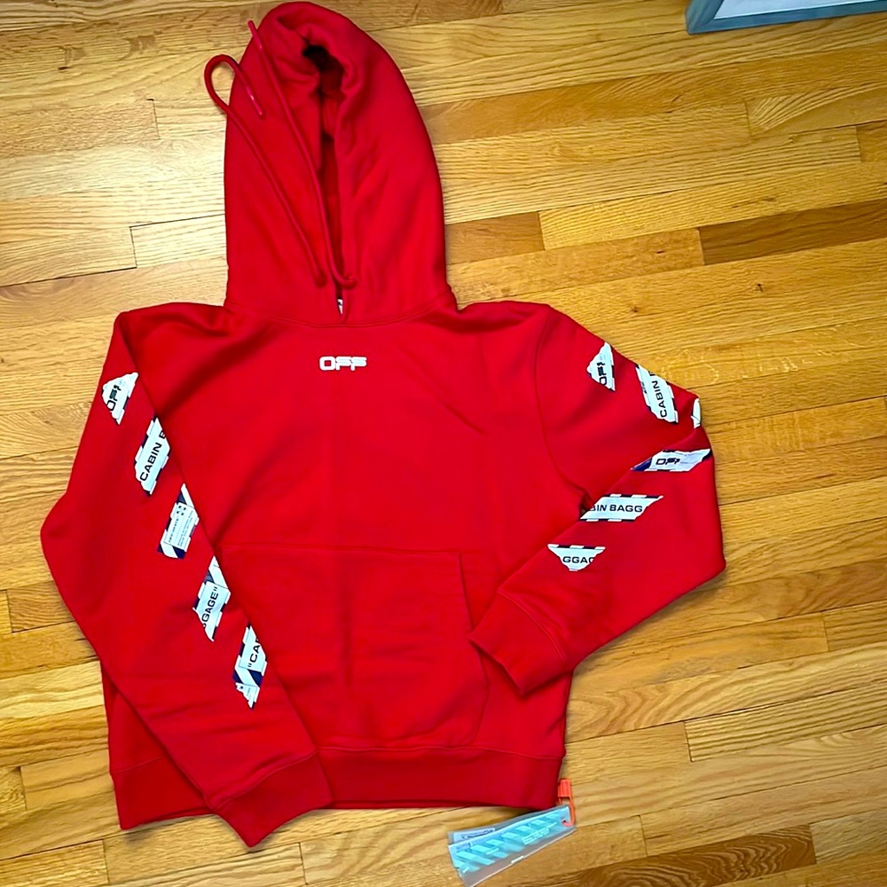New with tags Off-White c/o Virgil Abloh Red/White HOODIE, Airport tape